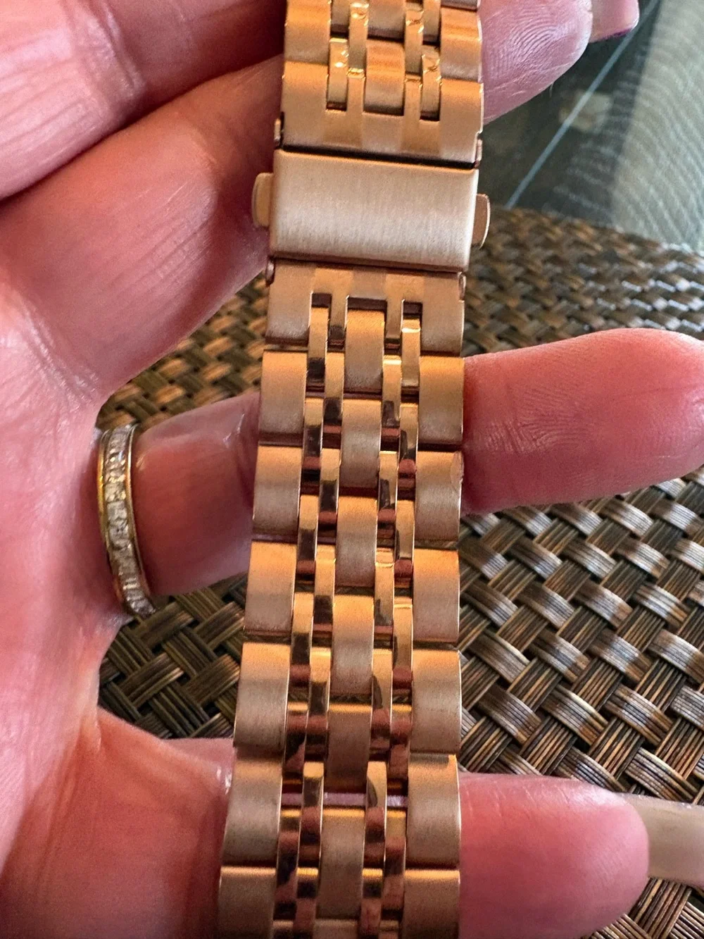 Watch Band- Stainless Steel Rose gold watch band. I am not sure on the size